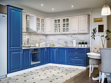 Больше пространства в кухне голубого цвета